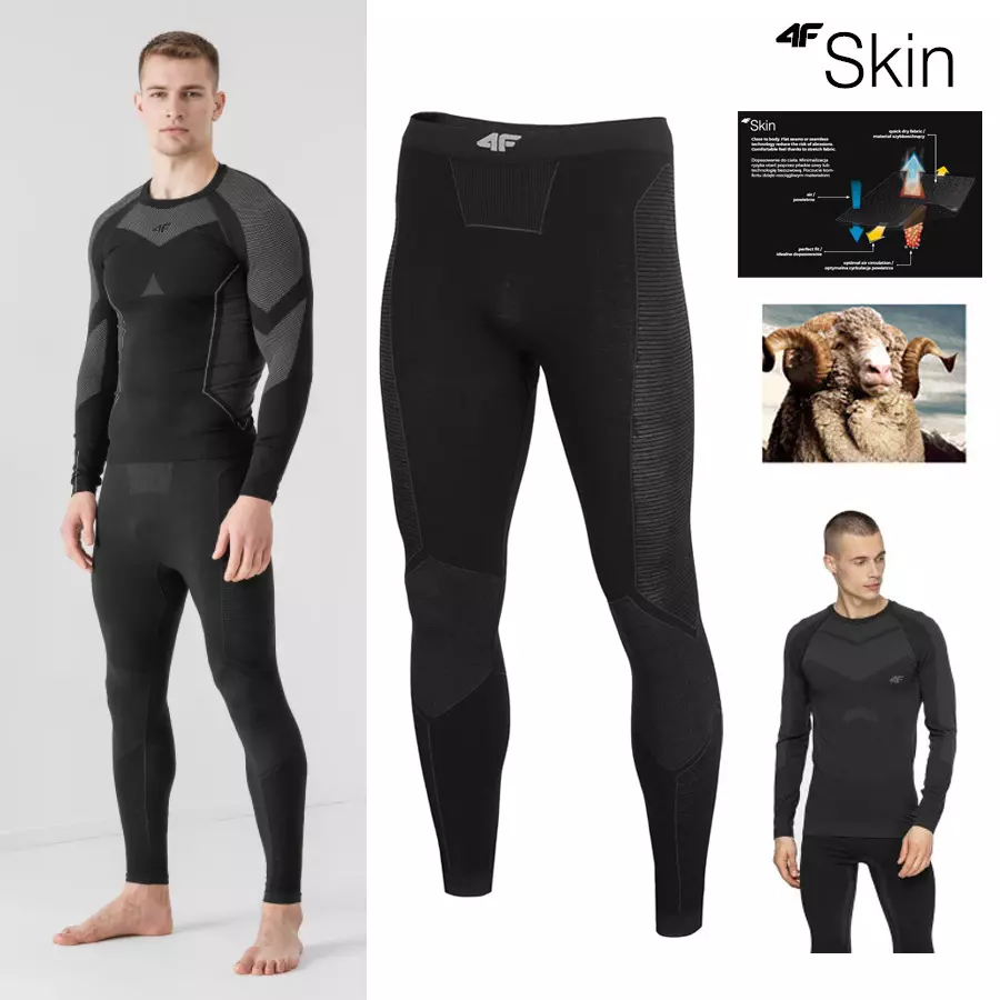 SKIN - Merino nahtlose 4F Herren Funktions Unterwäsche Hose, schwarz