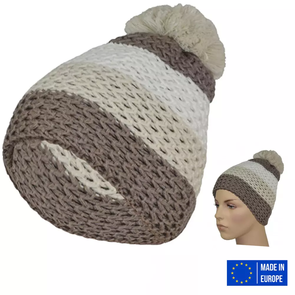 Gwinner - hochwertige, klassiche allround Beanie - Strickmütze mit Bommel - unisex - brown/beige/white