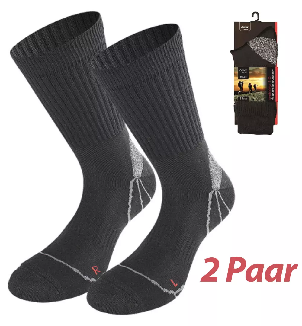 Lenz - 2 Paar - funktionelle Wander- Trekking - Outdoorsocken - 3D Stricktechnik  - schwarz